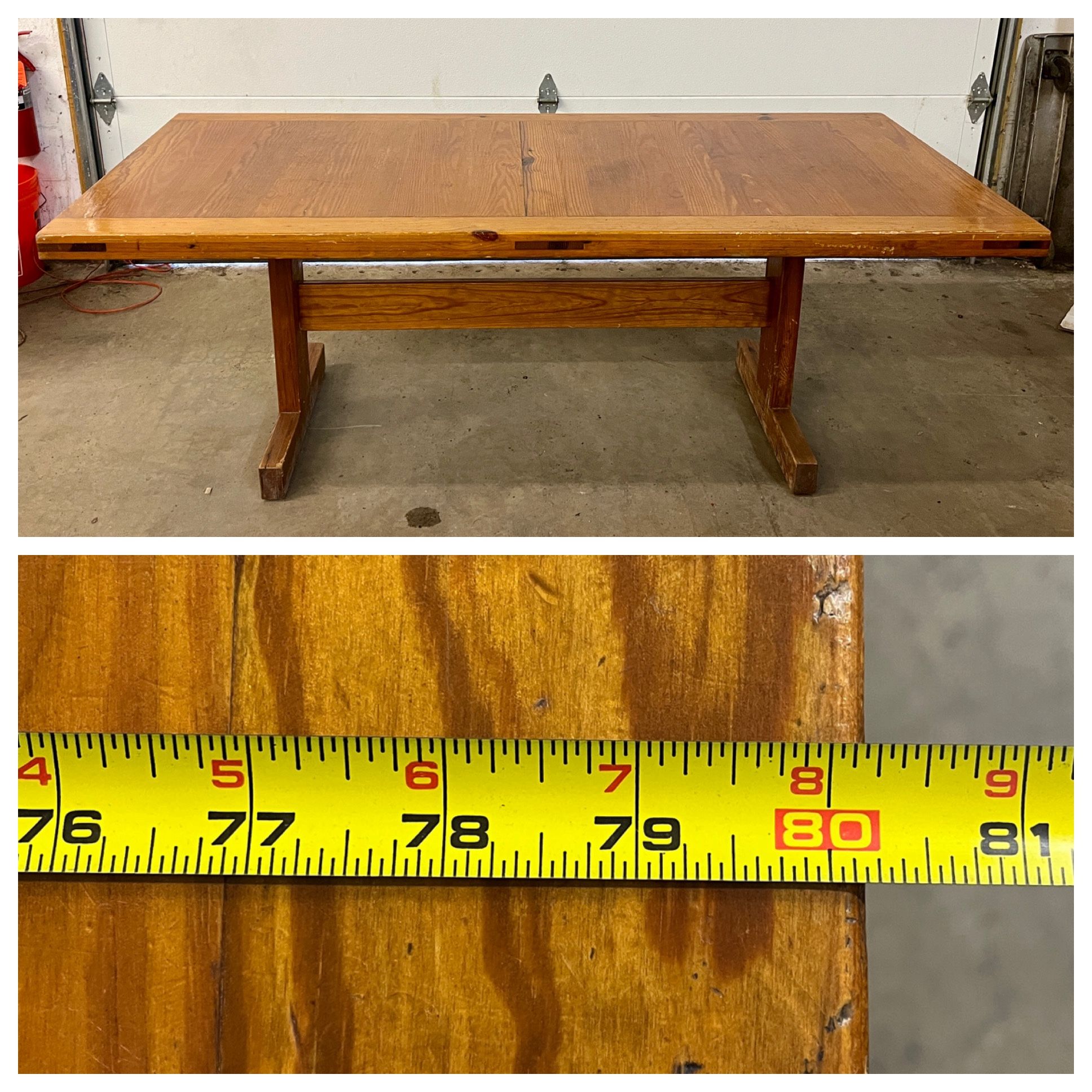 80” Solid Wood Trestle Dining Table. Refinish me. See pics for blemishes. Free to ask, I reply.