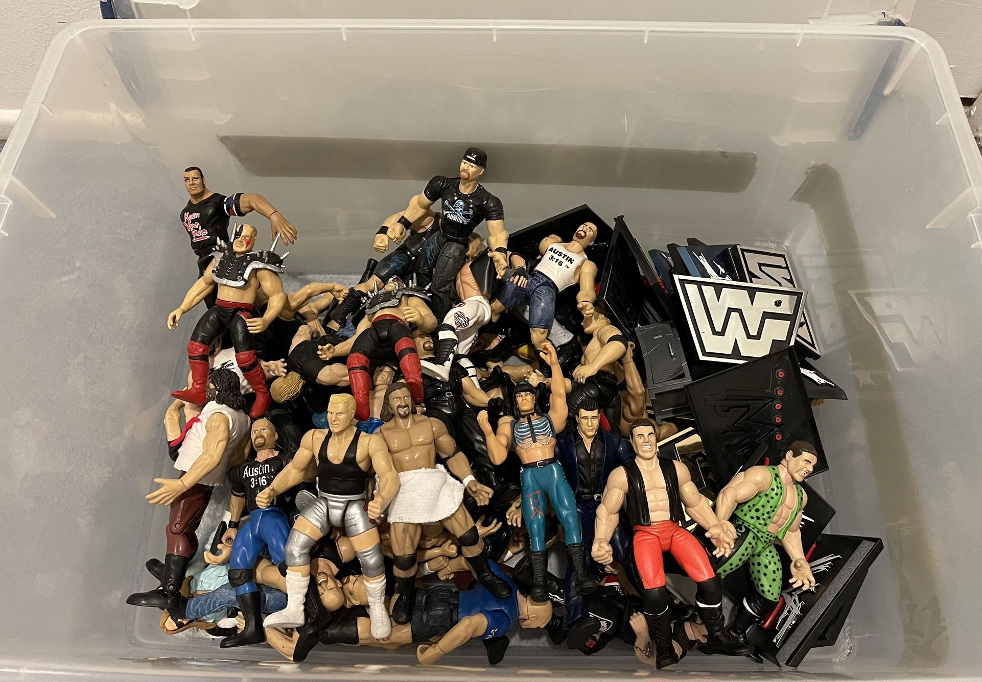 Vintage WWE Wrestling Action Figure Lot. With stands and accessories.
