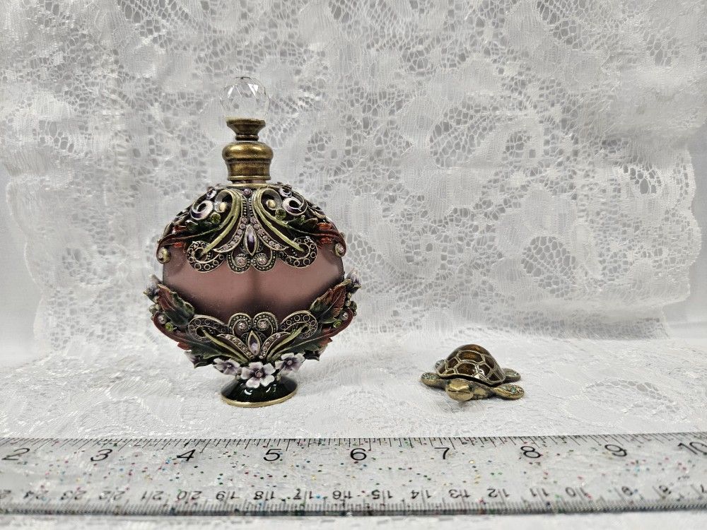 1 Beautiful Jeweled Perfume Bottle and 1 Turtle Trinket Box