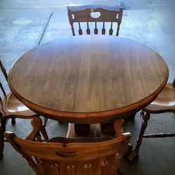 Cochrane Furniture, Rustic Country,  Double Pedestal Dining Table with 4 Leaves, 4 chairs, 2 Captain Chairs. Solid hard rock Maple