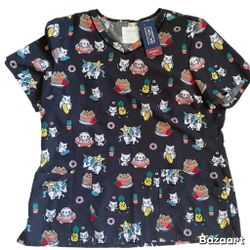 Sz XL Stretch V Neck Scrub Top Cat Unicorns Pancakes Cakes Cherokee NWT