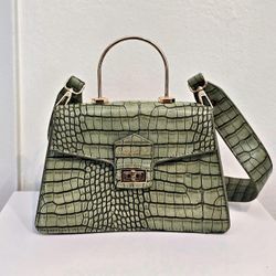 Green Croc Handbag with Gold Hardware