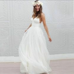 White V Neck Spaghetti Strap Wedding Gown,  Special Occasion Dress