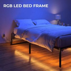Rolanstar Bed Frame with USB Charging Station, Twin Bed Frame with LED Lights