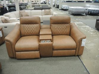 Leather Power Reclining Console Loveseat - Camel | Small Sofa | Two-Seat Couch