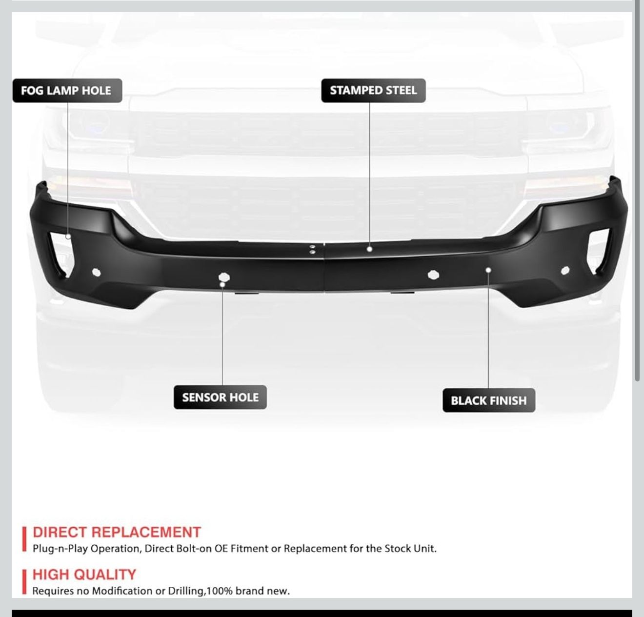 New in box DNA MOTORING BUMP-F-CS16-FB-01-BK-D Front Bumper w/Parking Sensor Holes & Fog Light Cutouts Compatible with 16-18 Silverado 1500/19 Silvera