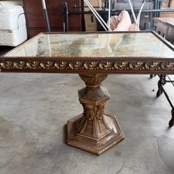 Vintage Hollywood Regency Gilt Pedestal Accent Table Faux Marble
