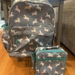 Girls unicorn backpack and matching lunch bag, crate and barrel brand 