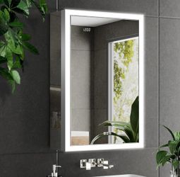 Lighted Medicine Cabinet with Mirror & Clock -20x32 Surface or Recessed Aluminum Medicine Cabinet with Dimmable Light & Outlet, Anti-Fog, Built-in Sen