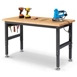 60 Inch Workbench for Garage Adjustable Height Work Bench with Pegboard Power Outlets Rubber Wood Tabletop Work Table for Cutting Wood Woodworking Sho