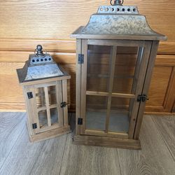 2 Rustic Wood Candle Holder Lantern large and small