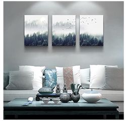 3 Piece Canvas Wall Art for Living Room- wall Decorations for Bedroom Foggy forest Trees Landscape painting- Modern Home Decor Stretched And Framed