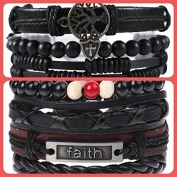 2 x Set Adjust. Size up to 9.5inc Leather Bracelet, Tree of Life (Black-Faith)