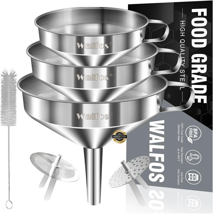 Stainless Steel Funnel, Walfos 3 Different Sizes of Kitchen funnels with 2 Removable Strainer & 1Pcs Cleaning Brush, for Transferring of Liquid, Oils,