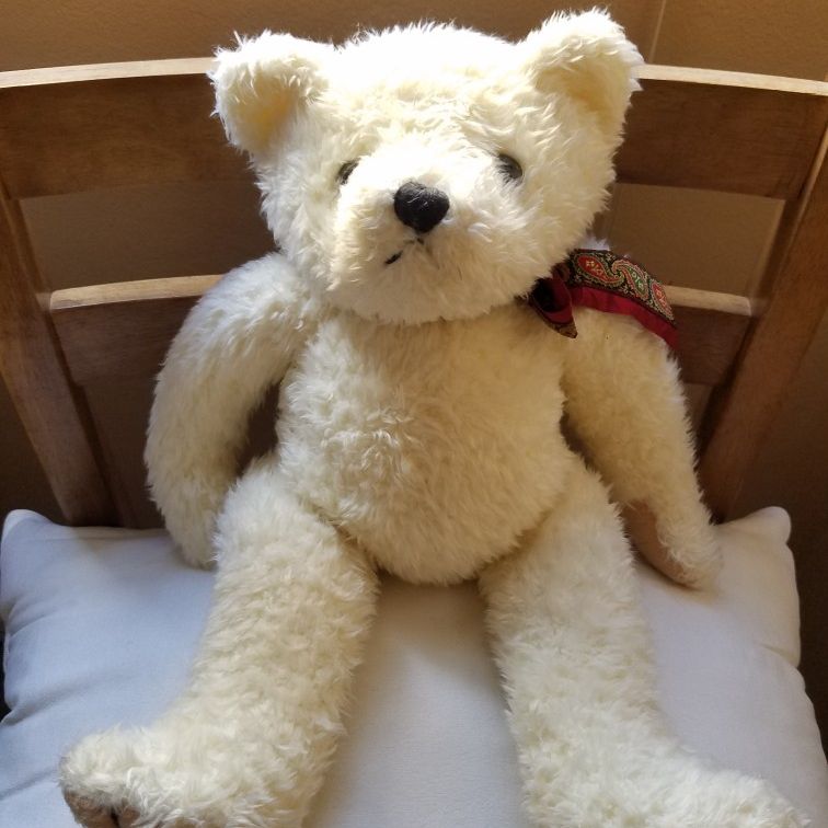 Vintage 14" Cream Teddy Bear With Red Scarf 