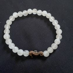 White Crystal Beaded Bracelet with Seahorse Charm
