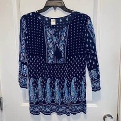 Bila Top Womens Navy Floral Paisley 3/4 Bell Sleeve Peasant Tied Tassel size large