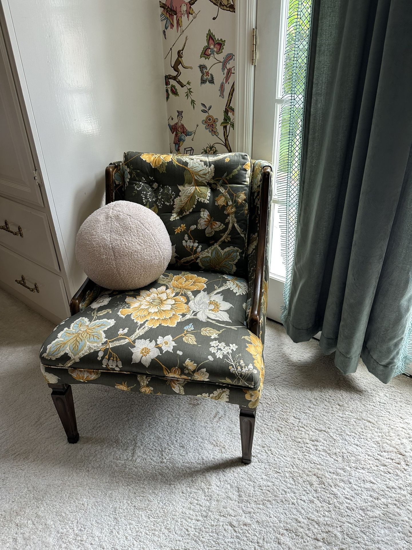 Antique French Silk And Walnut Provincial Chair In Floral Print