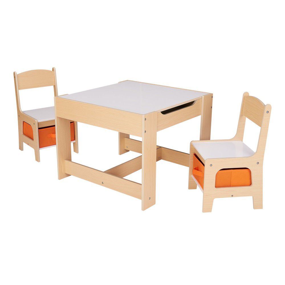 3 Piece Wooden Storage Table and Chairs Set for Kids