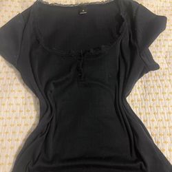Black Lace-Trim Ribbed Scoop Neck Top