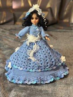 Decorative Collectible Doll with Blue Crochet-Style Gown