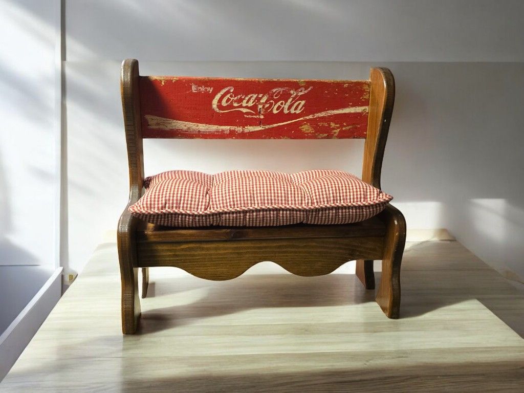 Antique Coke Coca-Cola Wooden Doll bench with pillow