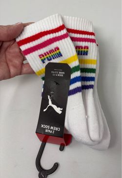 PUMA Rainbow Stripe Crew Socks 2 Pair White Sock Size 9–11 NWT
