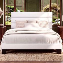 Full Size Platform Bed Frame with Velvet Upholstered Headboard Wooden Slats Support, Fully Upholstered Mattress Foundation, No Box Spring Needed, Easy