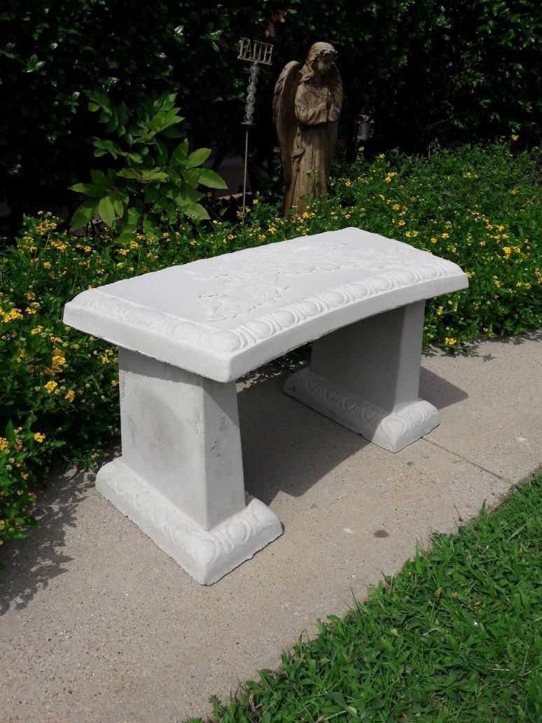 New Small Cement Curved Bench With Angels and Flowers