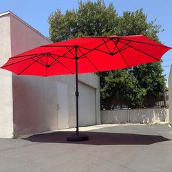 (NEW) $130 Large Double Sided Outdoor (15ft Umbrella and 65lbs Plastic Base set) Colors Red/Gray
