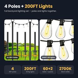 String Light Poles 4 Pack 10FT + 200FT Outdoor String Lights Set