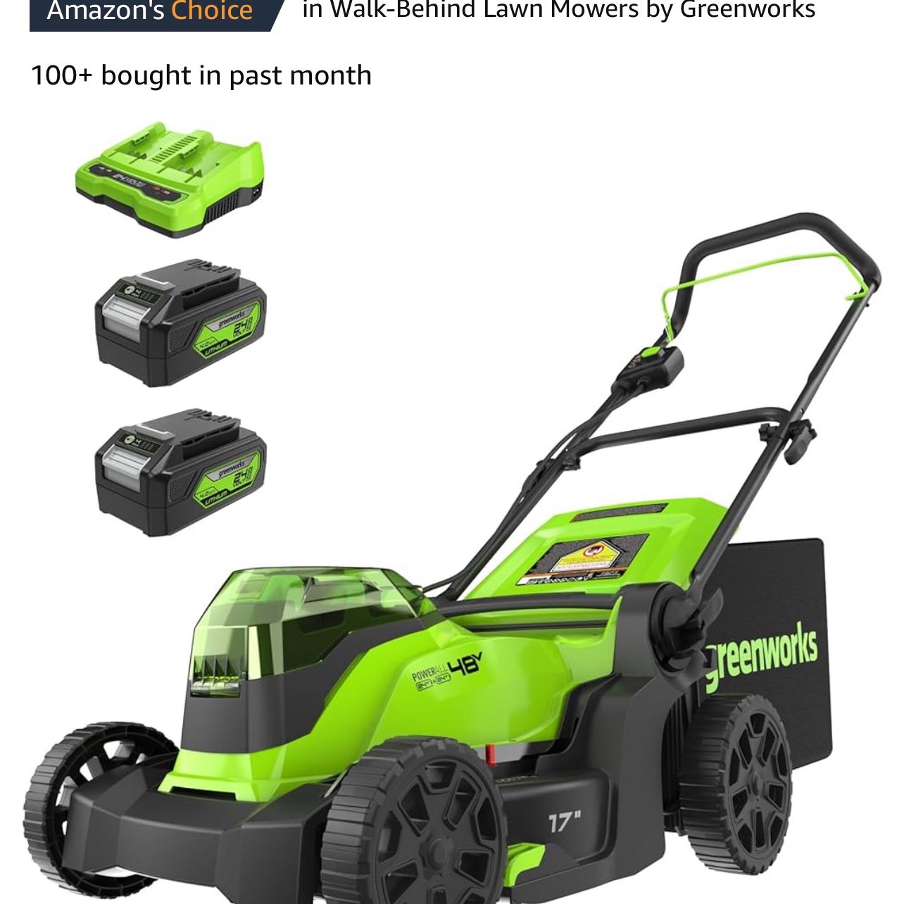 Greenworks 48V (2 x 24V) 17" Brushless Cordless (Push) Lawn Mower, (2) 4.0Ah Batteries