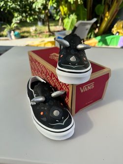 VANS Kids Slip-On Dinosaur Animal Print Canvas Shoes Black/White US 13