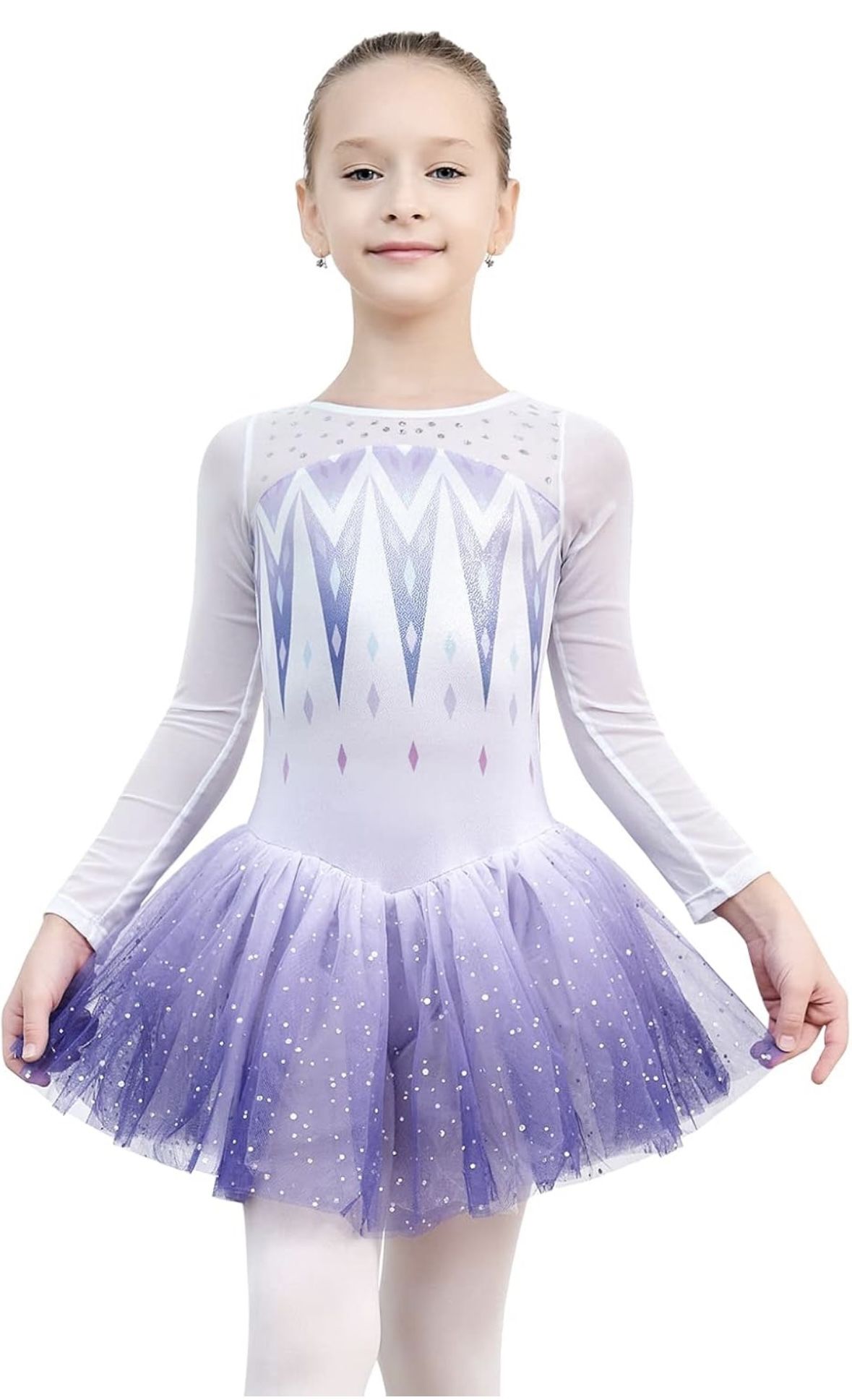 EQSJIU Long Sleeve Dance Leotard for Girls Sparkly Snowflake Ballet Dress Toddler Tutu Skirted Leotard Outfits for Girls