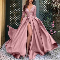 Dresses  V Neck Evening Party Elegant High S lit Long Skirt Pink