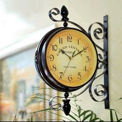 ColouredPeas Vintage-Inspired Double Sided Hanging Wall Clock Wrought Iron Antique-Look Round Brown Two Faces Retro Station Clock with 360 Degree Rota