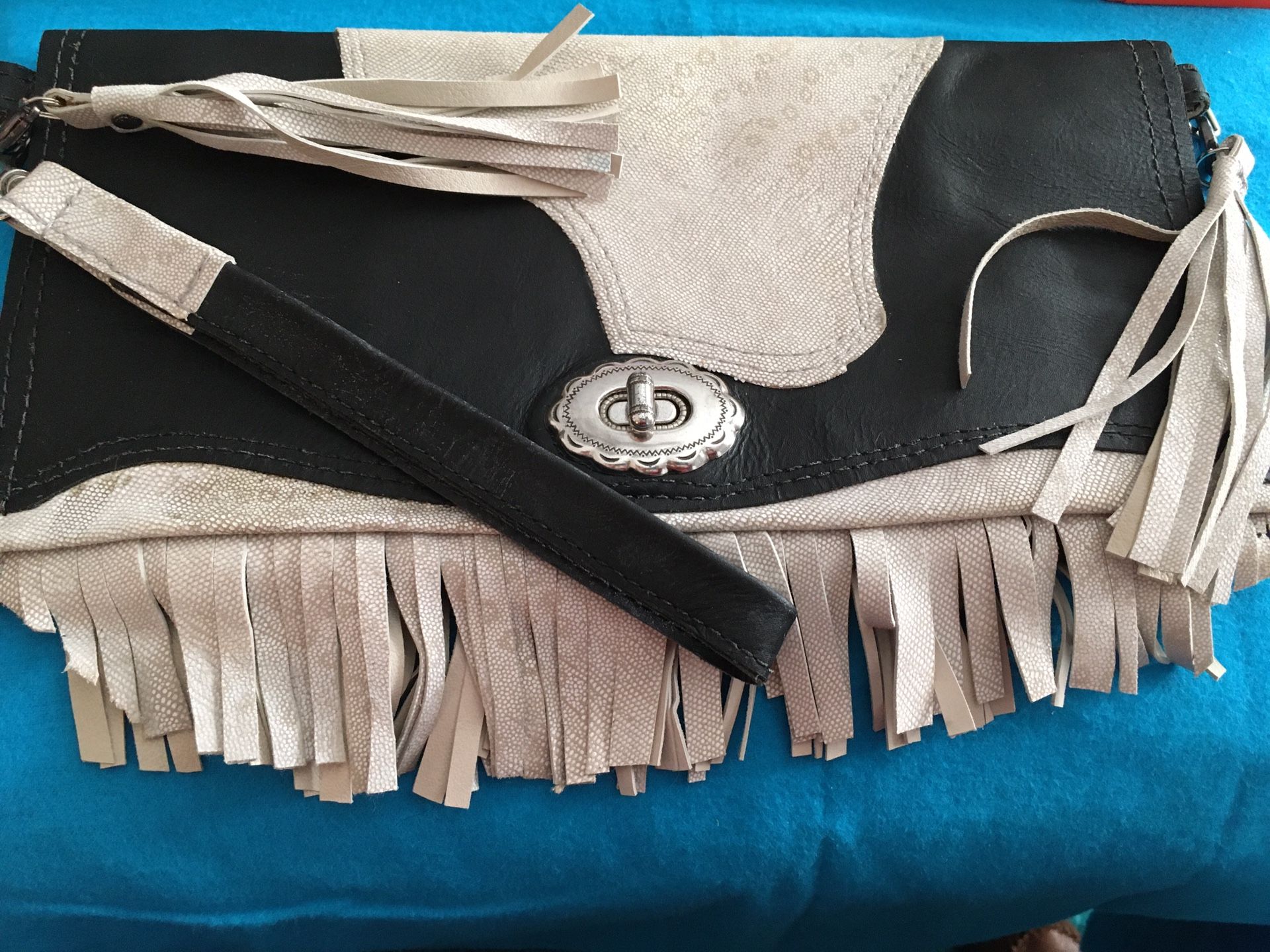Leather Fringed Black And Pearled Bling/Beige Clutch With Wristlet Made In USA