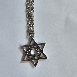 UNISEX MODERN GEOMETRIC STAR OF DAVID SILVER  NECKLACE XTRA LONG CHAIN 