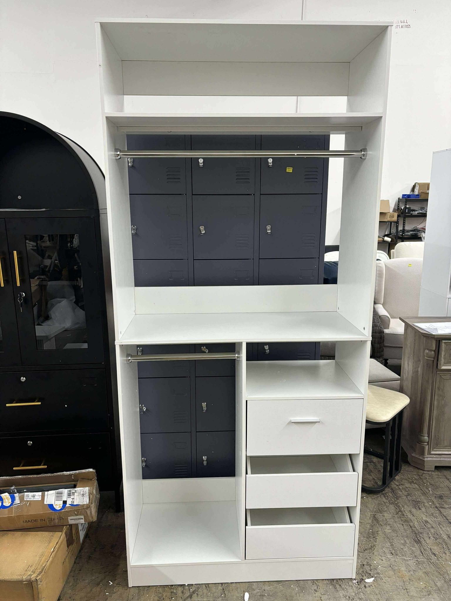 36'' W Freestanding Walk-in Closet Organizer System with 2 Hanging Rods and 3 Wood Drawers - White(damage)