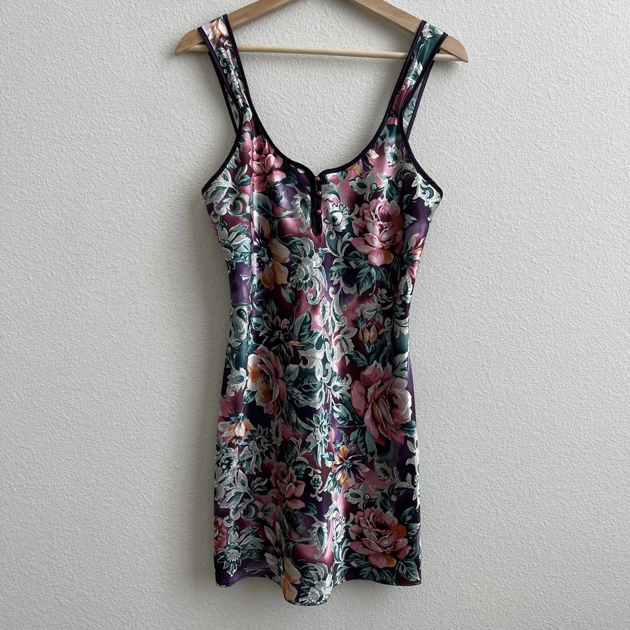 Vintage 90s Purple Pink Multicolor Floral Satin V Neck Lace Sexy Mini Slip Dress