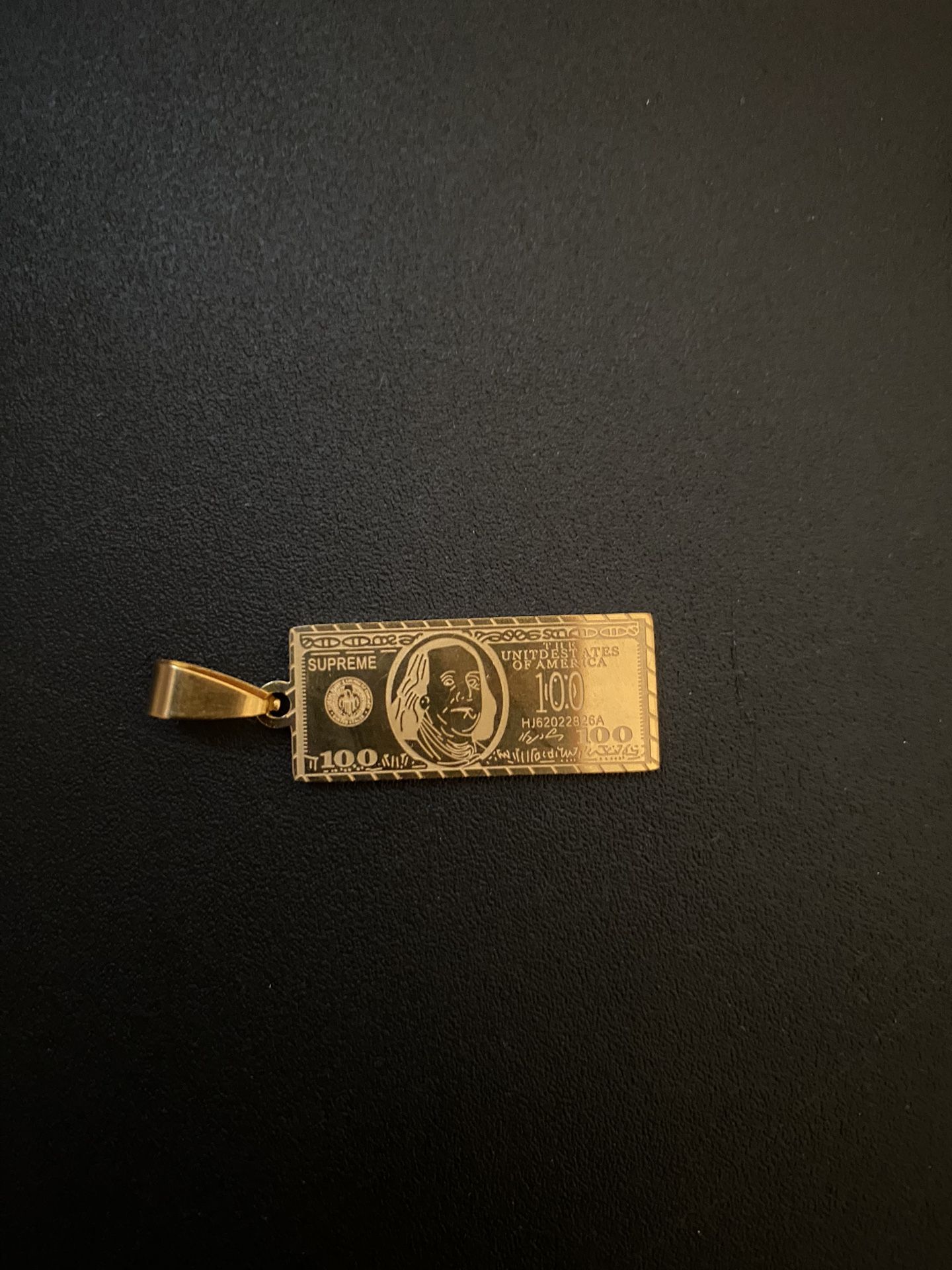 Gold plated and stainless steel hundred dollar bill pendant