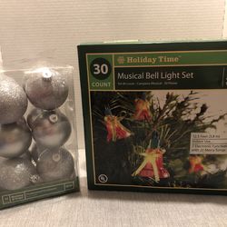 Musical Bell Light Set And 8 Large silver Christmas balls