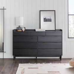 Mid-Century Modern Tray-Top Solid Wood 9-Drawer Dresser 60 Inch Black