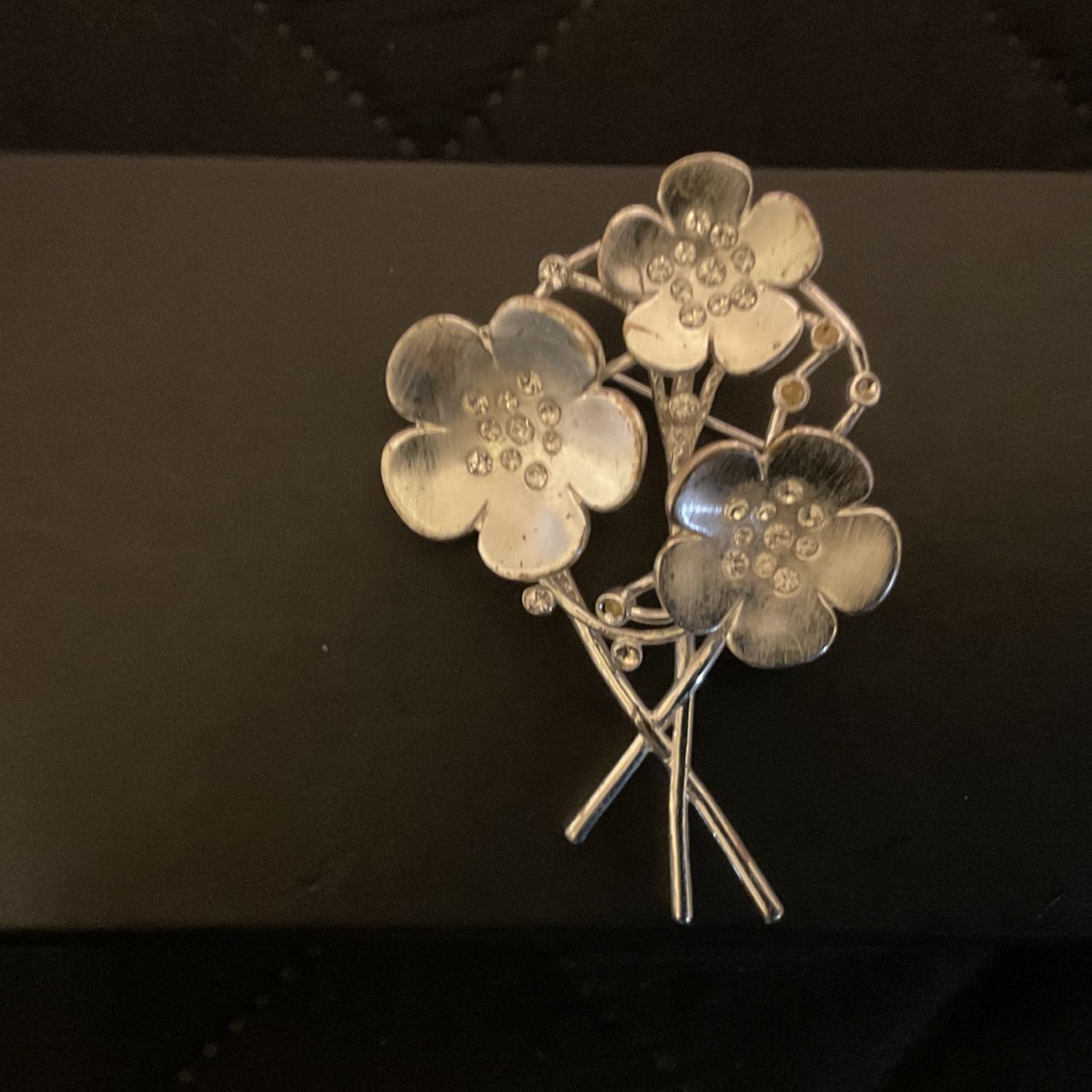 Silver Flower Brooch With Rhinestones 