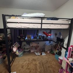 Full Size Loft Bed With Desk and LED Lights