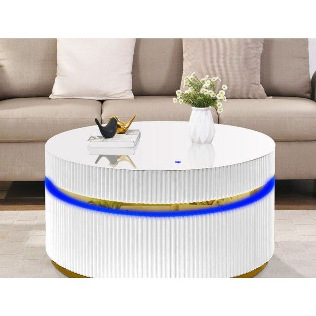 39" Round White Coffee Table with Glass Top and LED Lights