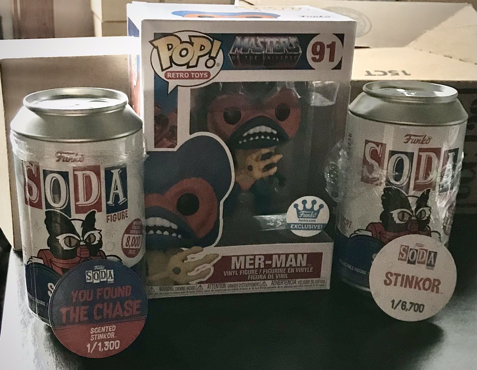 Funko SODA POP! Stinkor CHASE Scented, Common & POP! Mer-Man Funko Exclusive - MOTU Masters Of The Universe NEW!! Cans were opened, Black bags Sealed