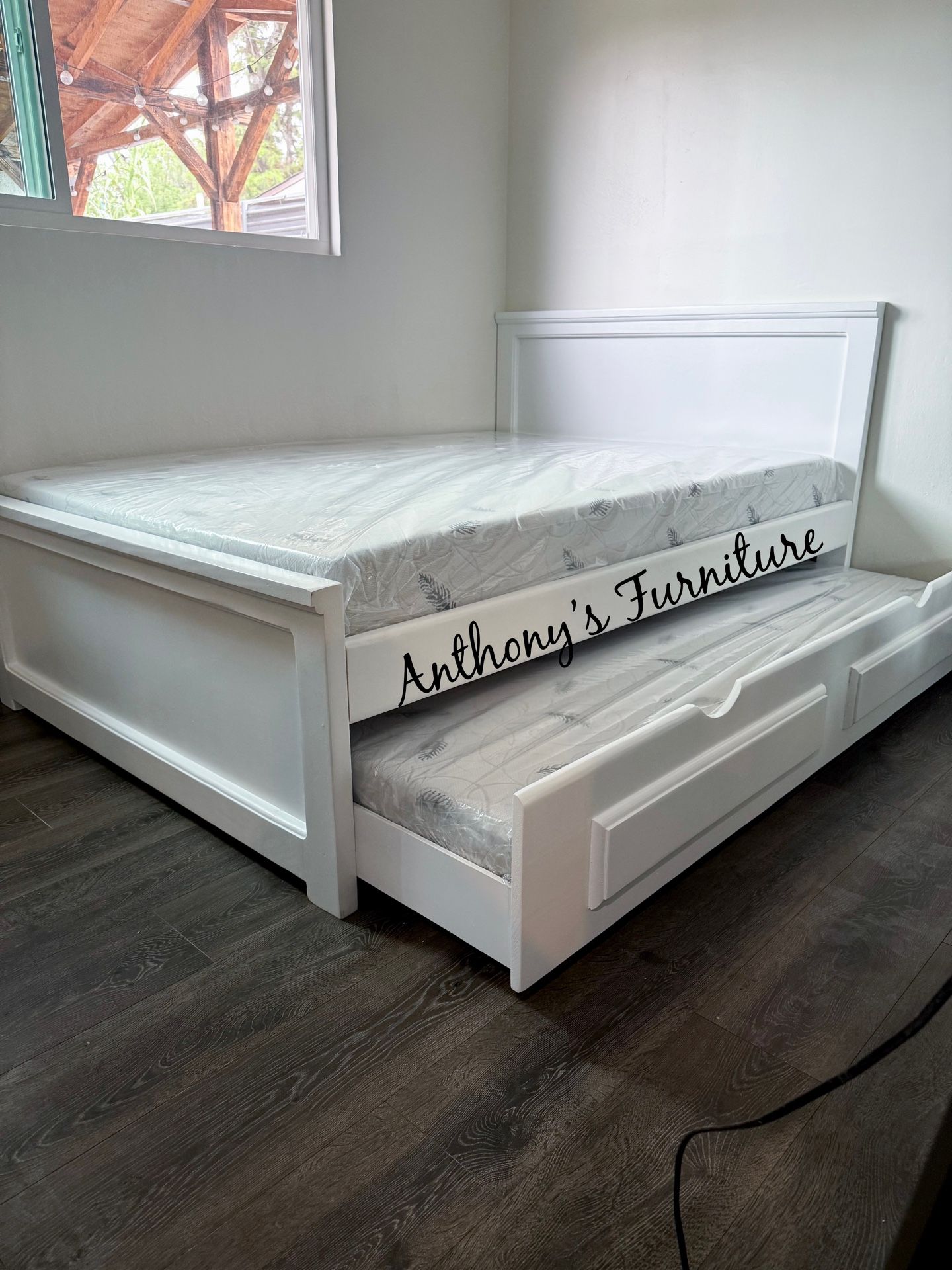 White Full Bed With Trundle And Memory Foam Mattresses