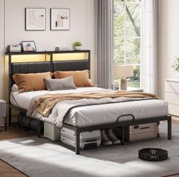 Queen-size bed base with USB ports, Queen-size LED bed frame with storage headboard, pu leather platform bed with metal slat