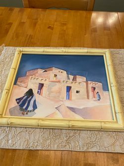 Southwest adobe watercolor painting print of adobe house in glass & bamboo look wood frame. 13x15.5